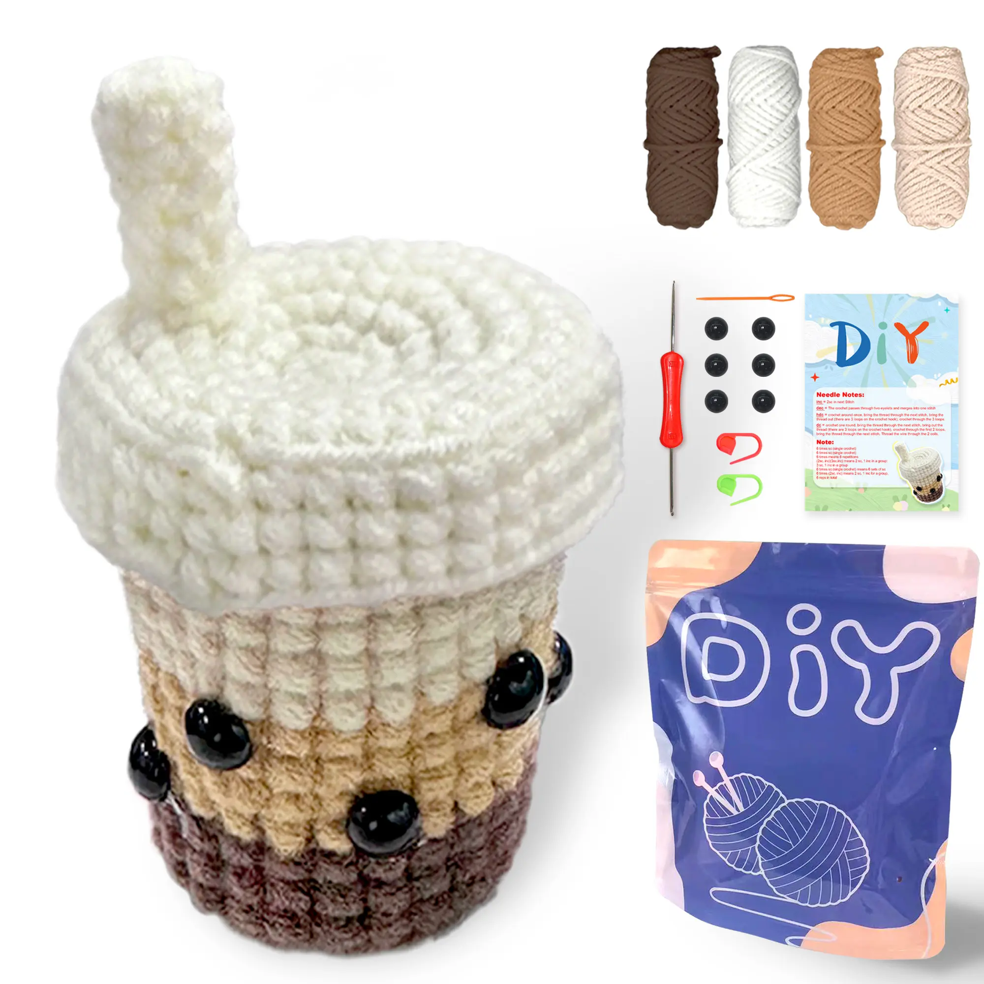 YAMAXIN Milk Tea Cup Crochet Set, Complete Set with Hook, Instructions Manual, Detailed Tutorial Videos, Random Accessory Colors