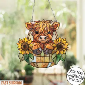 ACRYLIC Highland Cow Sun Catcher, Cute Cow Window Hanging with Sunflower Rustic Farmhouse Animal Decor