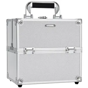 Professional Makeup train case aluminum makeup box 4-tier trays craftsmen train case jewelry storage organizer with lockable portable travel makeup storage box for women and (bright silver)