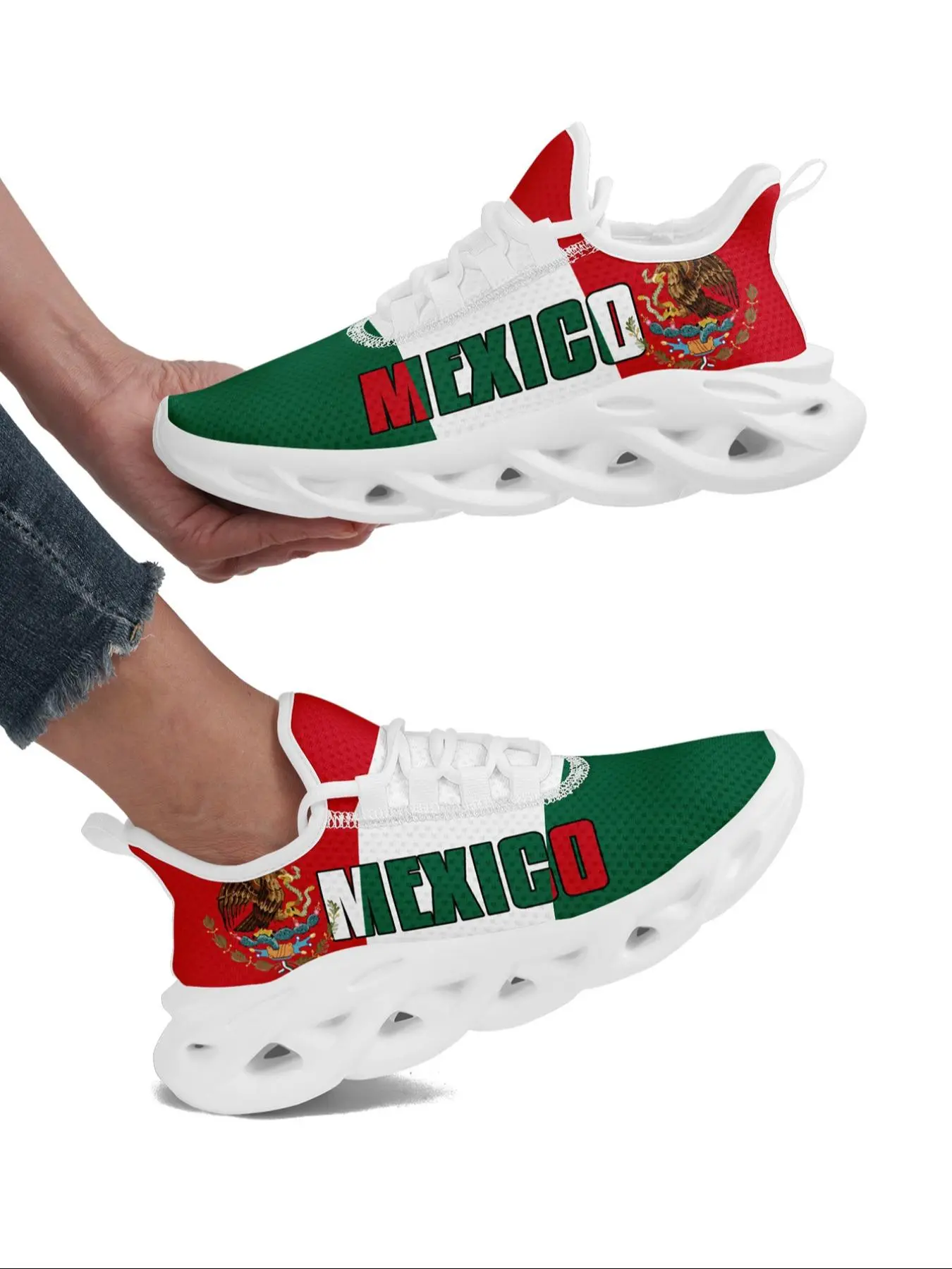 Women's Mexico Flag Print Lace Up Front Sneakers, Casual Comfortable Sports Running Shoes, Female All-match Round Toe Shoes for Daily Wear, Sporty Running Shoes, Athletic Running Shoes, Breathable Runner Flat, Sporty Running Fashion
