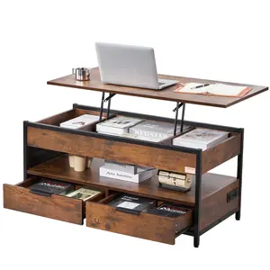 VEVOR Lift Top Coffee Table,  39.4 in Rectangle Coffee Table with Extra Storage Pockets, Pop Up Coffee Table with Power Strip & USB & Ambient Lighting for Living Room, Brown