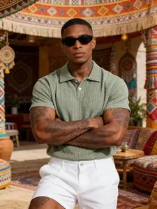 Men's Stretch Knit Jacquard Short Sleeve Polo Shirt, Tropical Classic Fit Casual Golf Polo for Daily Wear, Comfortable and Versatile Design