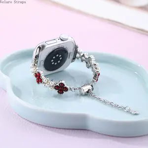 Charm Floral Diamond-Encrusted Metal Chain Watch Strap, Pendant Wristband for Smart Watch Women