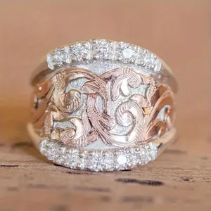 1 piece of women's fashion wide ring two-color filigree engraved wide ring for women's personality fashion vintage ring versatile jewelry