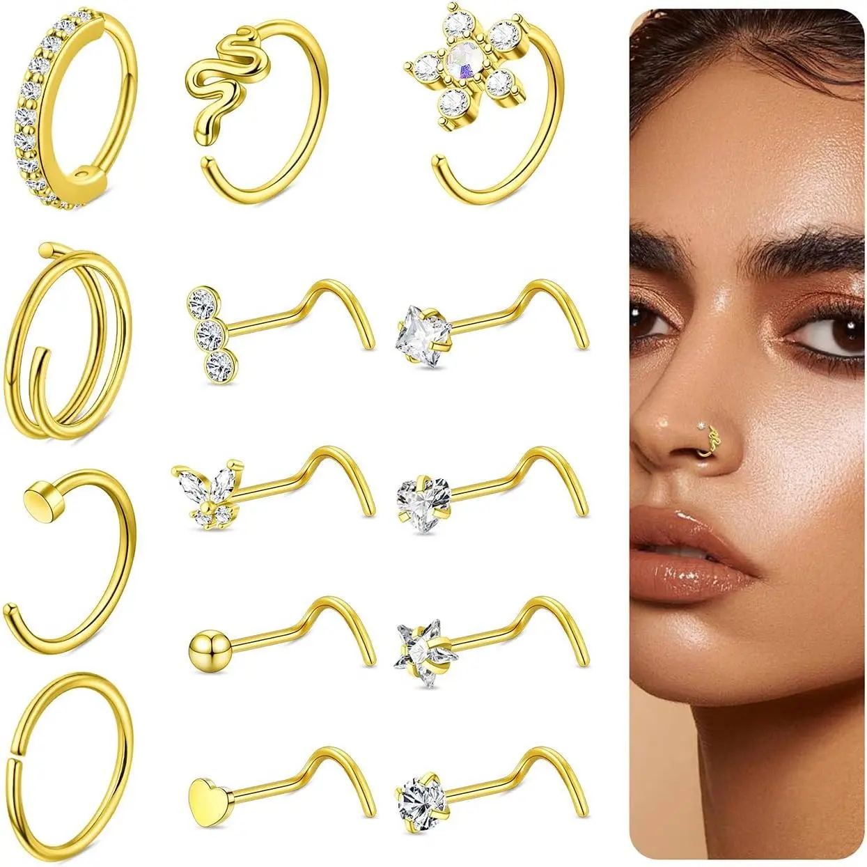 Bautidots 14 count Nose Studs 20G 18G Nose Rings Stainless Steel Nose Hoop CZ L S Shaped Nose  Nostril   for Women Men