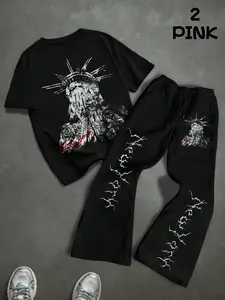 Men's Y2K Dark Vintage Streetwear Two-Piece Set, Graphic Print T-Shirt and Lightning Pattern Straight Pants, Elastic Waistband with Drawstring, Lightweight Fabric for All-Day Comfort