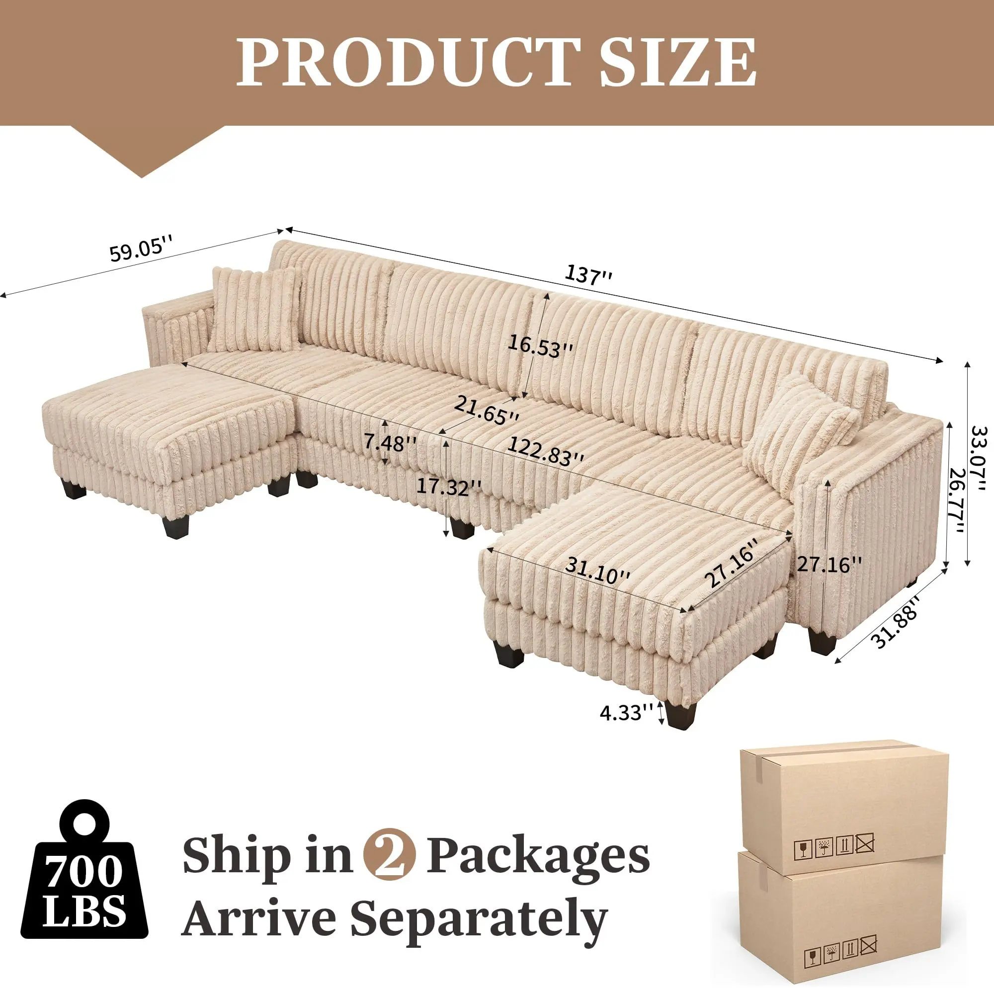 Beige Plush Corduroy U Shape Sofa