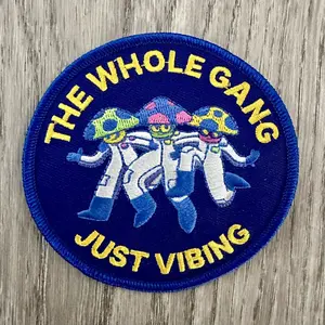 The Whole Gang Just Vibing Mushroom Hunting Club Shroom Trippy Iron On Patch 3”