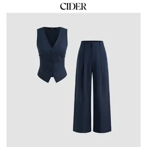 Cider [4 colors, size 0-26] Cotton-blend V-neck Solid Button Vest & Mid Rise Pocket Wide Leg Trousers