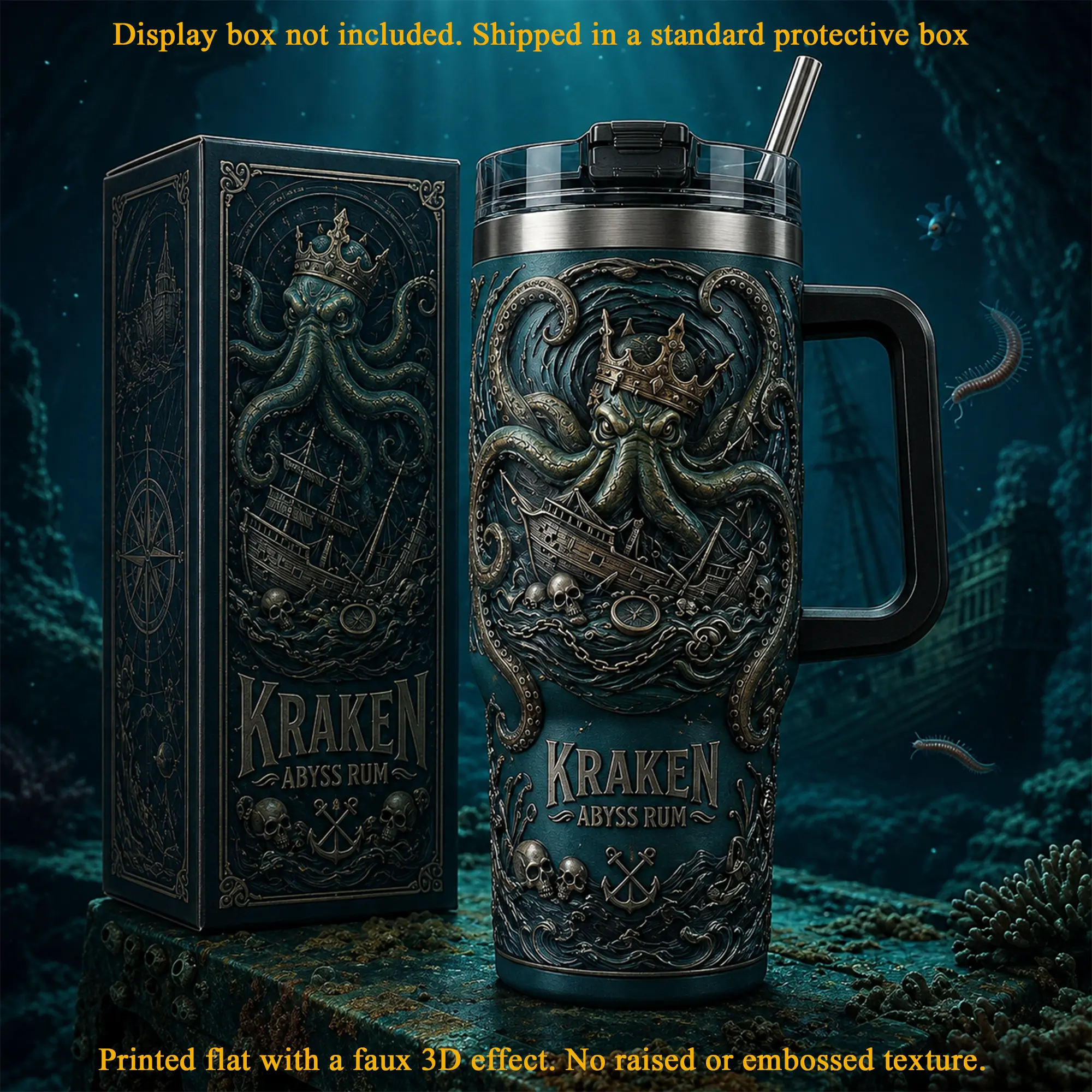 The Kraken Abyss Rum Deep Sea 2026 Anniversary 40oz Tumbler V3 Premium Stainless Steel Insulated Travel Cup With Handle and Straw, Dark Ocean Aesthetic Cup, Gift for Rum Lovers