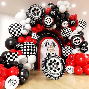 153Pcs Racing Balloon Garland Kit in Red Black & White with Checkered Flags for Party Decor