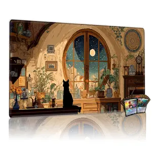 Vintage Cozy Night Cat Moon MTG Playmat 12x24in Non-Slip TCG Game Mat for Gathering Home Family, Ideal Gift for Card Game Enthusiasts