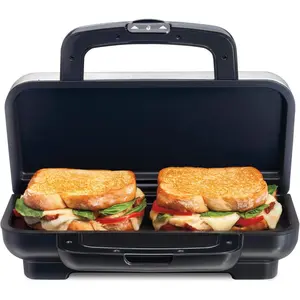 Proctor Silex Deluxe Hot Sandwich Maker With Easy-Clean Durable PFAS-Free Nonstick Ceramic Plates, Fits up to 2 Grilled Cheese, Ruebens, Tortas or Subs, Stainless Steel (25415MN)