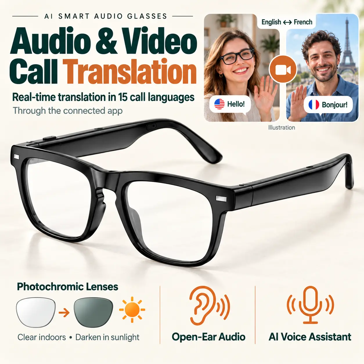 AI Interpreter Smart Glasses with Audio & Video Call Translation in 15 Languages, Real-Time Translation in 160 Languages, ChatGPT AI Assistant, Open-Ear Audio, Photochromic Lenses, HD Calls, Hi-Fi Music and Hands-Free Bluetooth for Men and Women