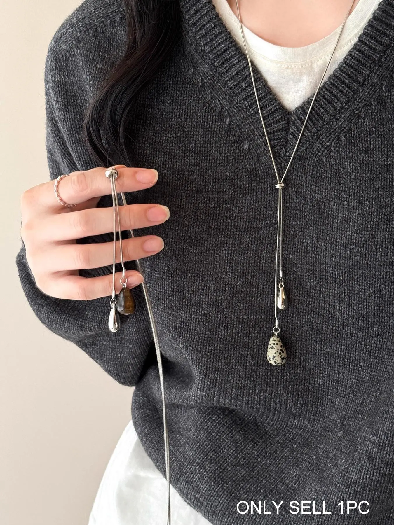 Tiger Eye Stone Water Drop Pull-Through Necklace, Long Sweater Chain Accessory, Simple Style Jewelry for Women, Design Sensation, Minimalist Chain, Daily Wear Necklace, Elegant Necklace, Minimalist Chain Necklaces, Alloy Necklace