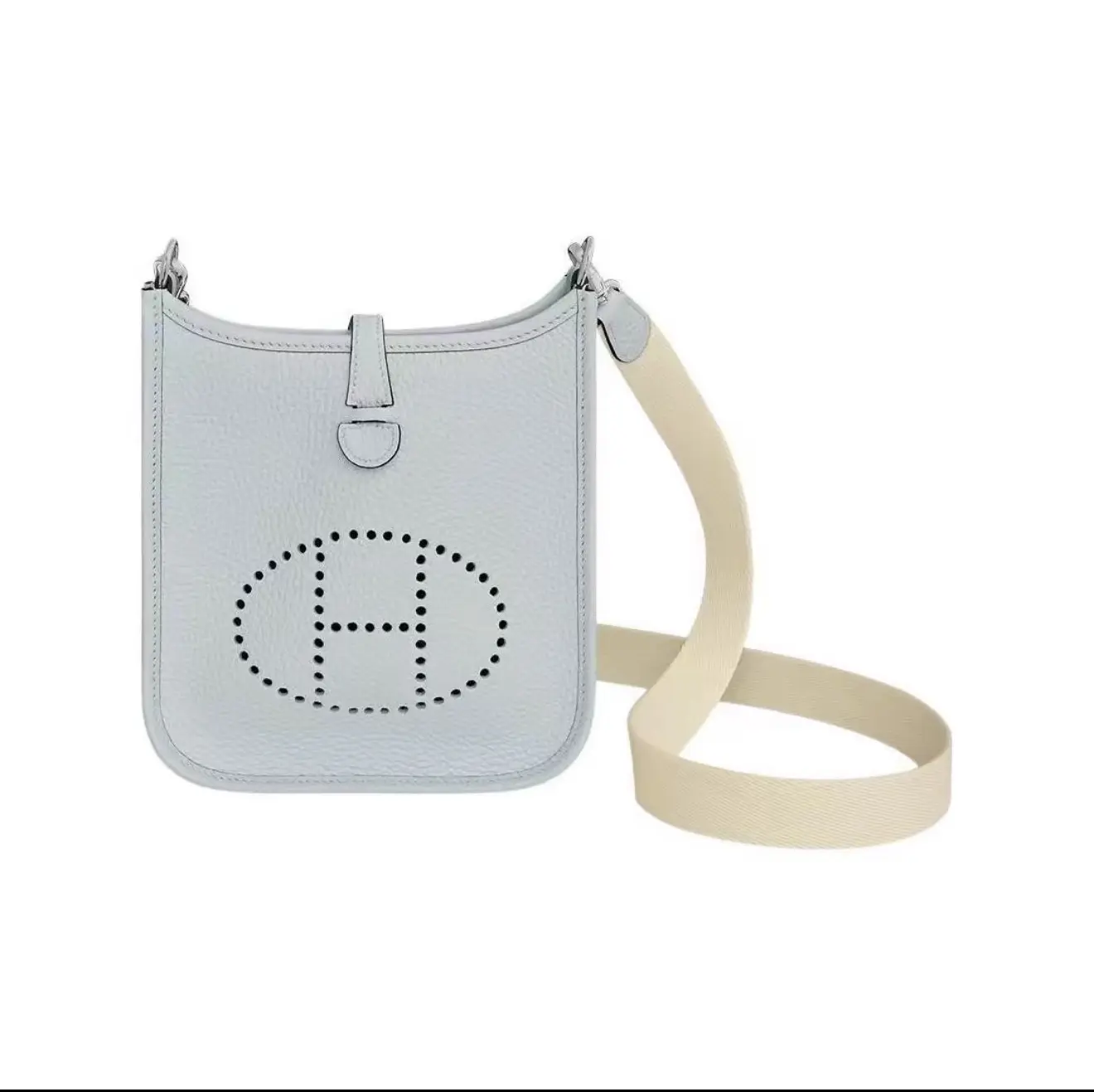 Pre-owned HERMÈS Mini Evelyne, Bleu Pale Hardware Silver, With Cream White Canvas Strap, Stamp U【2603815】