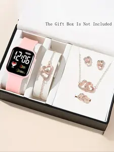 Elegant Watch &, Fashionable Silicone Square Dial Watch & Bracelet & Necklace & Ring & Earrings, Trendy Watch Set for Women, Jewelry Watch Set