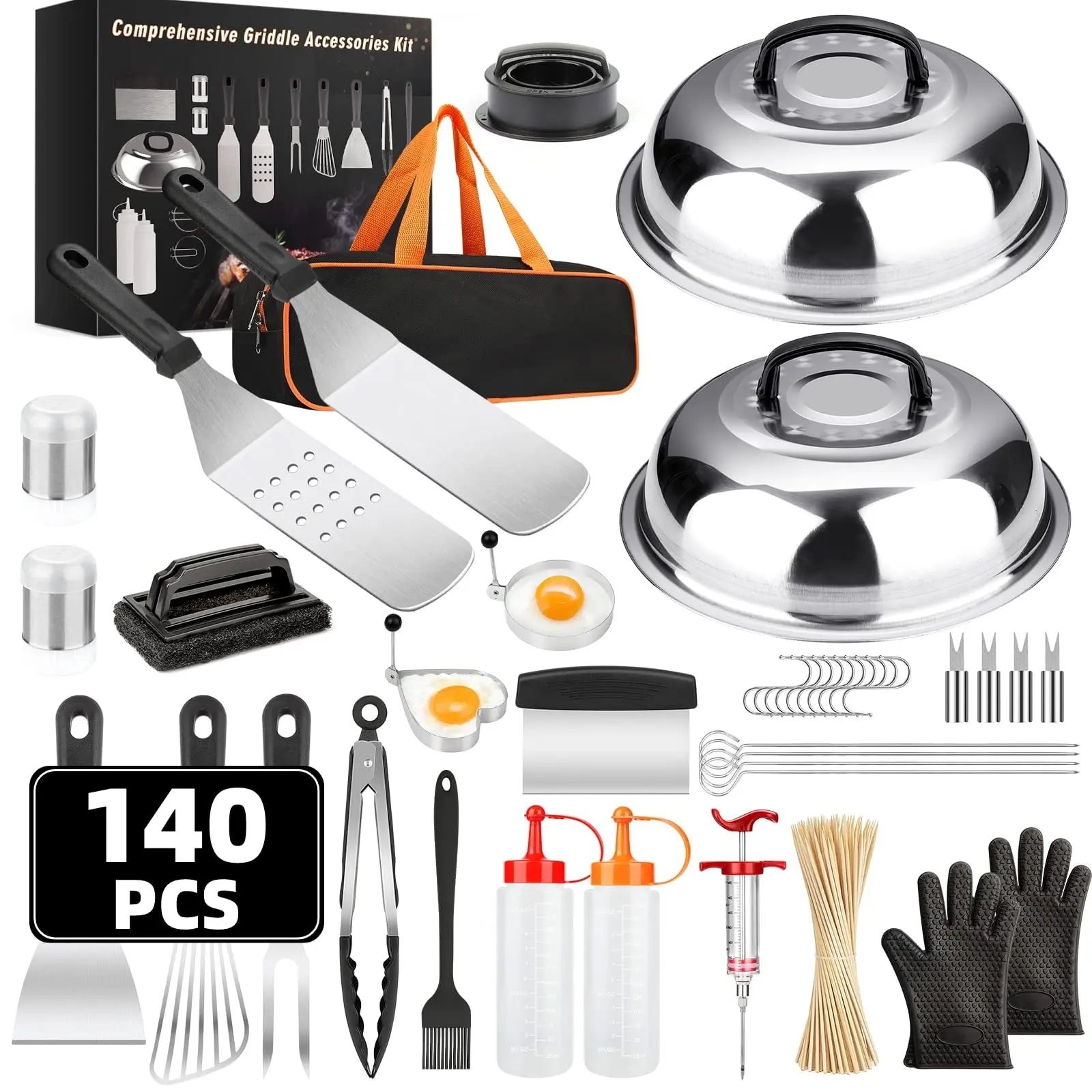 140-Piece Stainless Steel Griddle Utensils Kit, Including Silicone Turner, Covers, Fork, Meat Tool & Oil Accessory, Compatible with Blackstone, Camp Chef Professional Griddle Grill BBQ Spatula