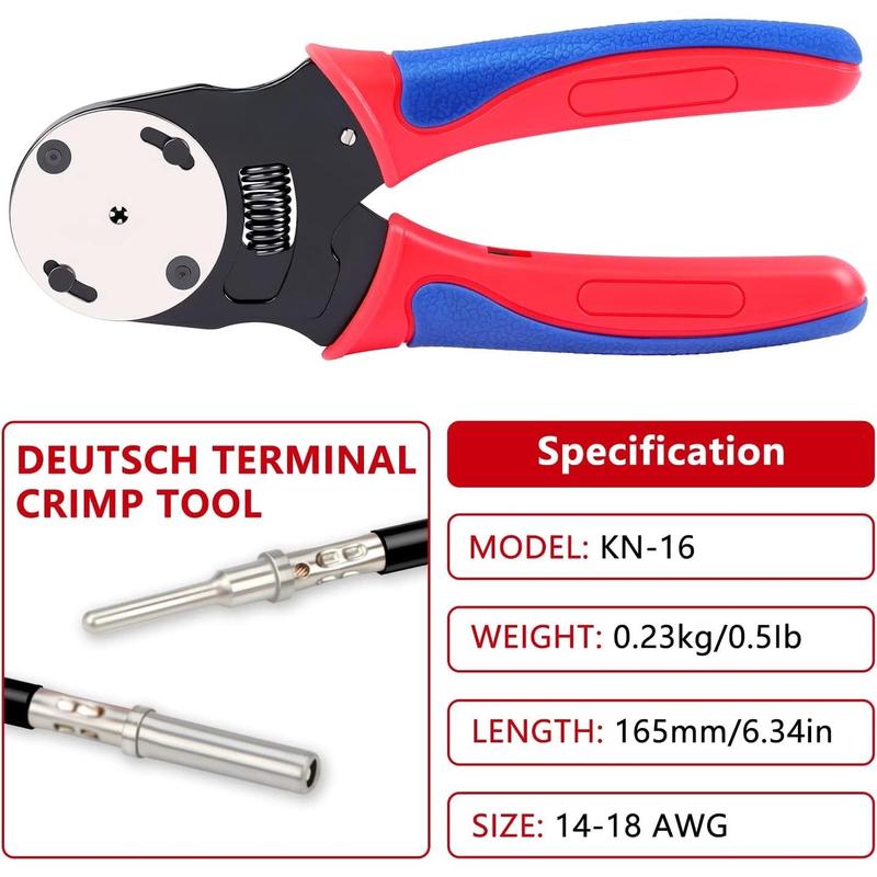 Deutsch Crimper, 4 Way Indent, 8 Impression Closed Barrel Crimper with Deutsch Crimp Tool for Deutsch Contacts - Gage 14, 16, 18 - for Automotive Application Deutsch Crimper, 4 Way Indent, 8 Impression Closed Barrel Crimper with Deutsch Crimp Tool for Deutsch Contacts - Gage 14, 16, 18 - for Automotive Application