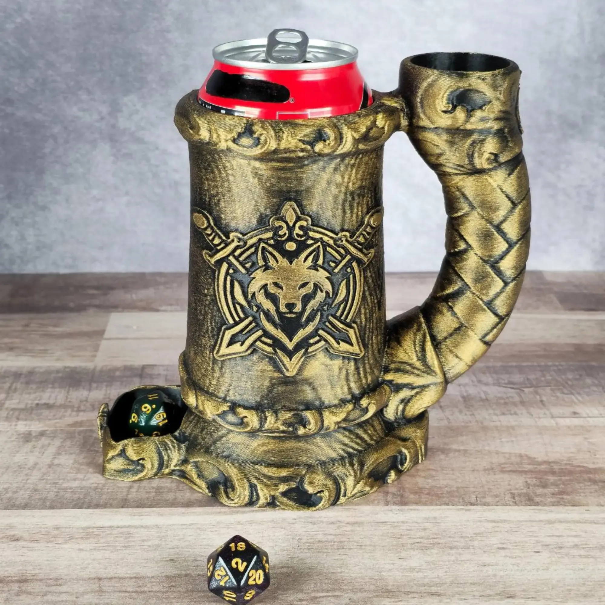 Druid Wolf Crest Dice Tower Mug Can Koozie - Table Top Gaming Cup for 12 oz Cans - DND Gaming Accessory Reusable