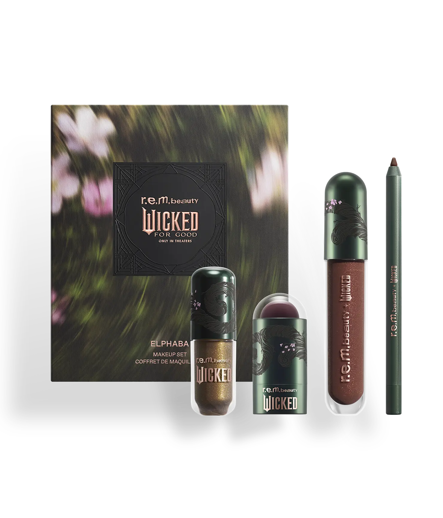 r.e.m. beauty x Wicked: For Good Elphaba makeup set - includes eyeshadow, blush & lip stick, lip liner, and lip gloss
