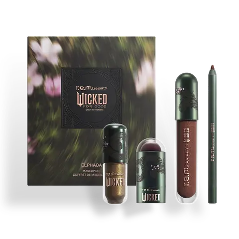 r.e.m. beauty x Wicked: For Good Elphaba makeup set - includes eyeshadow, blush & lip stick, lip liner, and lip gloss