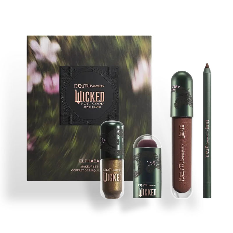 r.e.m. beauty x Wicked: For Good Elphaba makeup set - includes eyeshadow, blush & lip stick, lip liner, and lip gloss