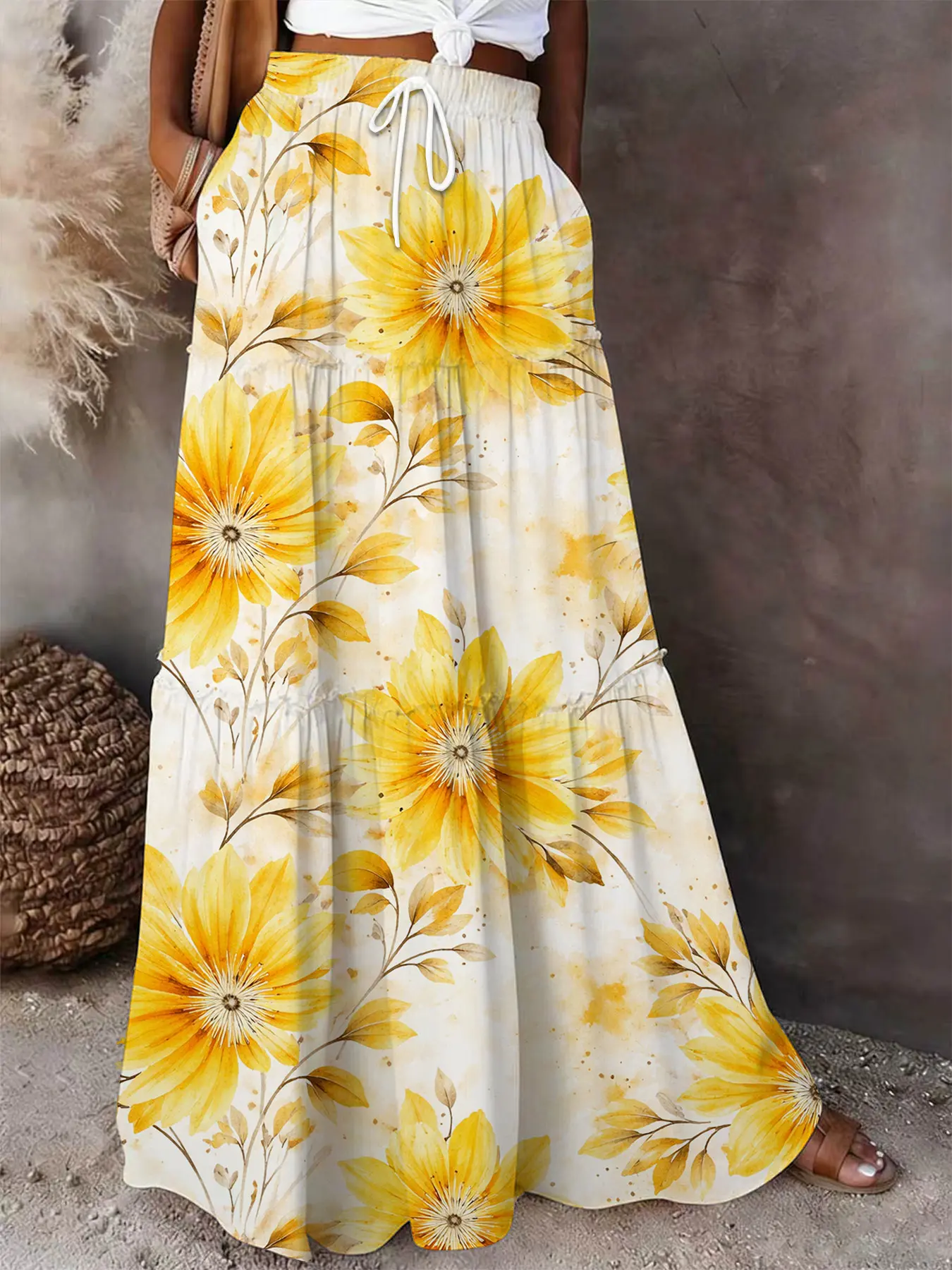 Watercolor Sunflower Floral Print Maxi Skirt | Boho Bohemian Summer Tiered Skirt Womenswear Boho Fashion Skirt