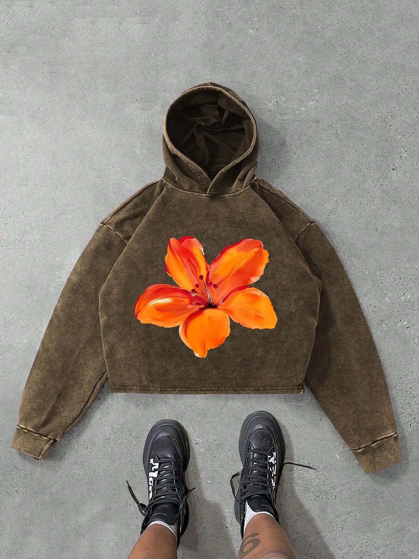 Fashion Trend Men's Large Floral Print Portrait Street Casual Style Knit Hoodie Sweatshirts Floral Hoodies