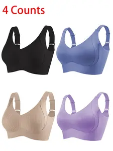 Women's Wireless Underwear Bra Set, 3/4/5 Piece, Fit, Medium Stretch, Solid Color, Comfortable & Breathable Design, Elegant Knit Seamless Push-Up Style, Perfect for Daily Wear