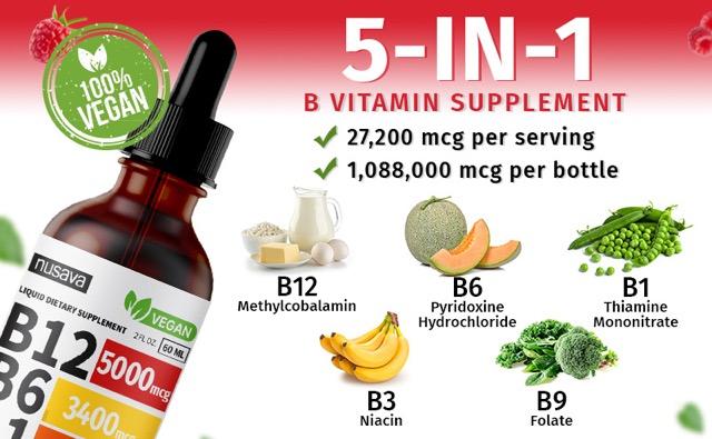 (4-Pack) Vitamin B12 Liquid Edible Supplement Drops with B6, B1, Niacin & Folate for Energy, Brain & Heart - Raspberry, & Strawberry 27,200 mcg per Serving, 4 fl Oz