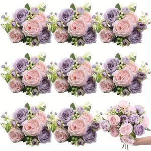 8 faux peonies bohemia floral arrangement Faux Flower Bouquet faux center floral spring bouquet wedding vase decoration Faux Roses Bouquet (pink, purple)