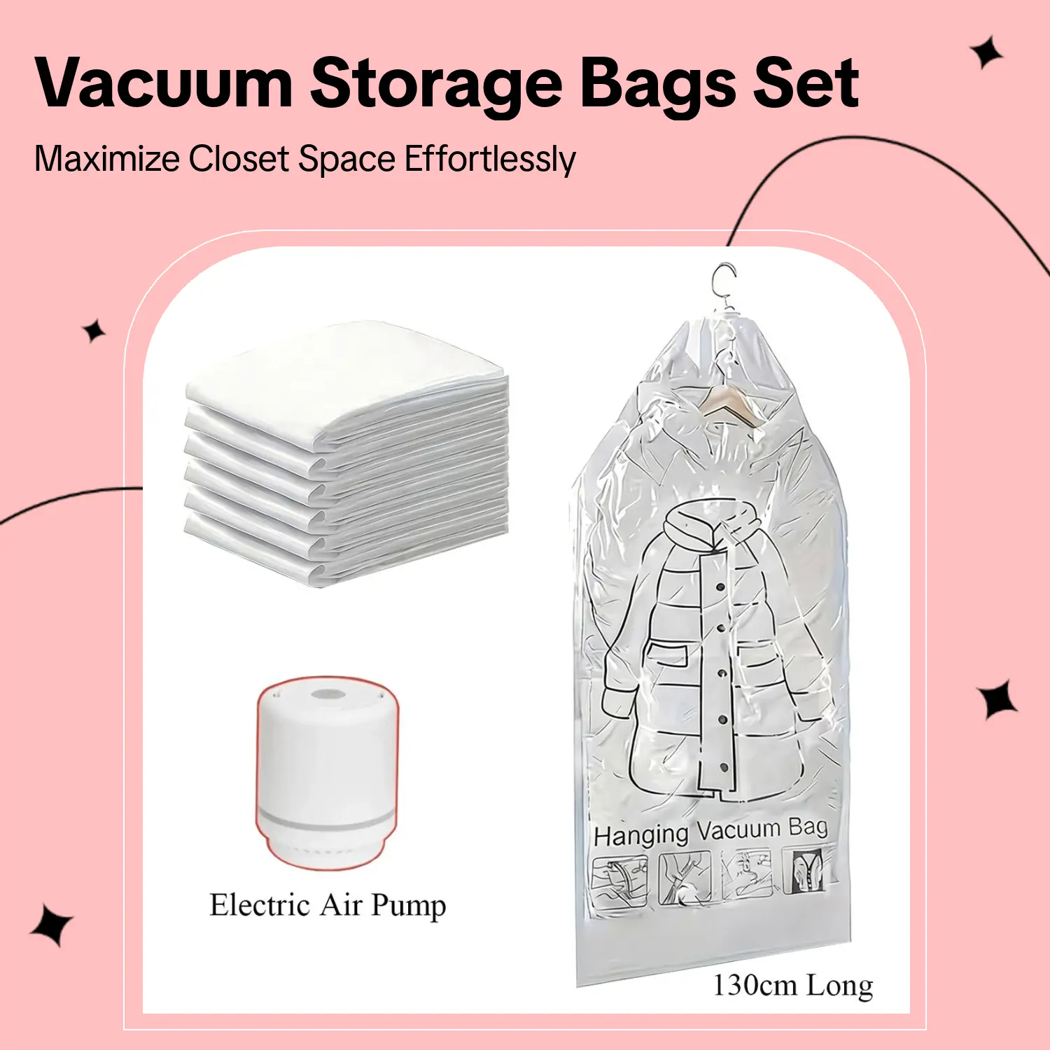 Hangable Waterproof Space Saver Bags, 8-Piece Set (4L+4S) with Electric Air Pump, Vacuum Storage for Clothing, Closet & Travel