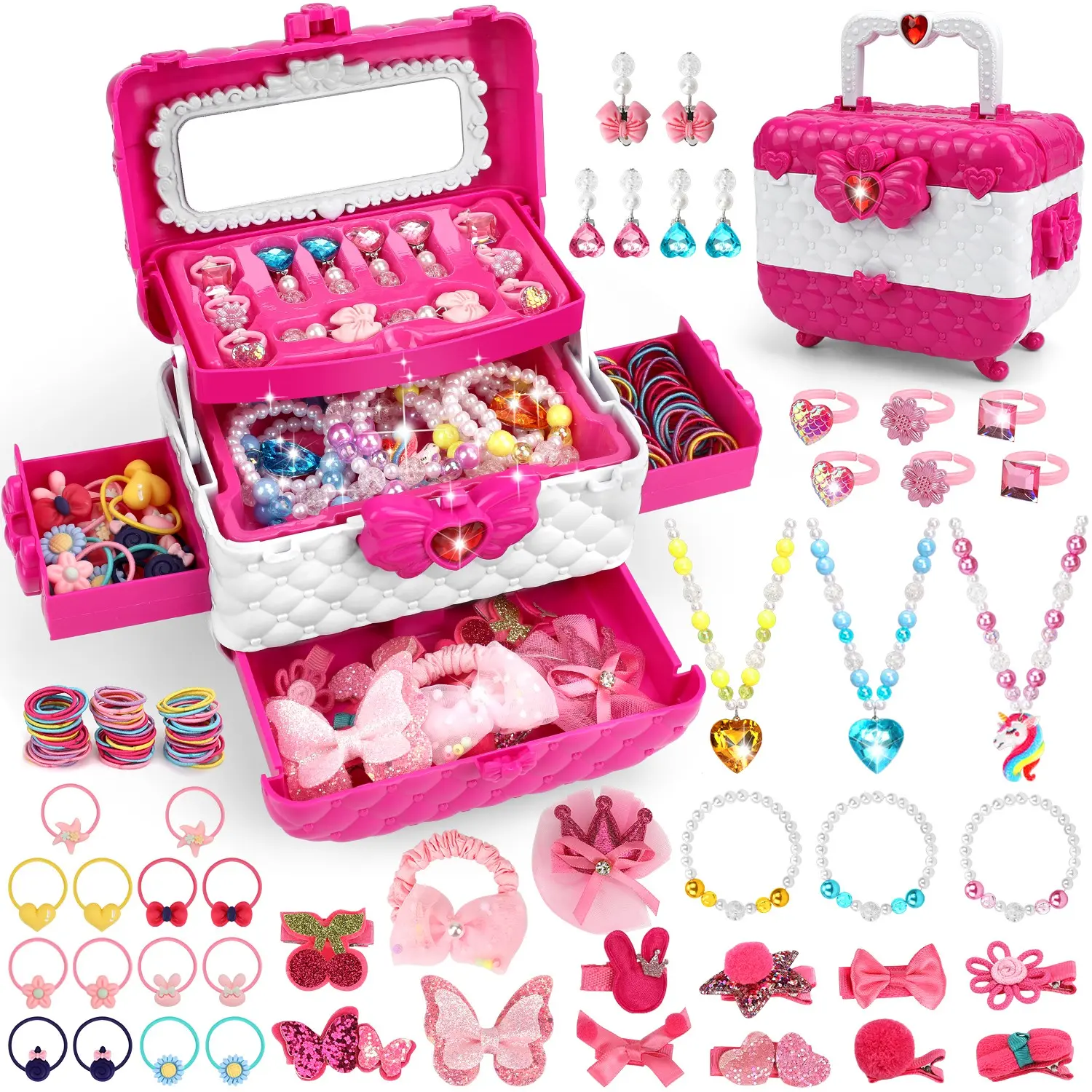 96pcs Deluxe Toddler Cute Jewelry Set, Sparkling Costume Jewelry with Plastic Necklace, Hair Clips, Hair Ties, Dress-Up Accessories for Little Girls, Perfect Gift