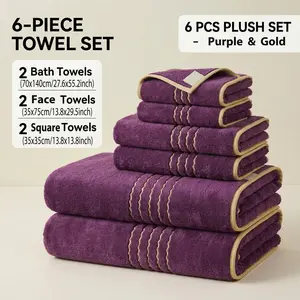 6-Piece Coral Fleece Towel Set with Gold-Trimmed Embroidery: Soft, quick-drying, and highly absorbent, this set is perfect for home, hotels, spas, gyms, and travel. It makes an ideal gift for housewarmings, weddings, Mother’s Day, and Christmas.