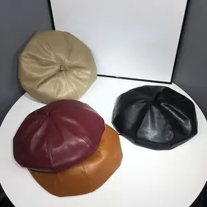 PUPU PU Leather Octagonal Beret Hat - Lightweight Handcrafted Artist Painter Hat for Men & Women, Beige/Black/Burgundy, Retro British Style, Non-Stretch Snug Fit, Hand Washable, Vintage Style, Classic Design, Durable Material, Artists And Creatives
