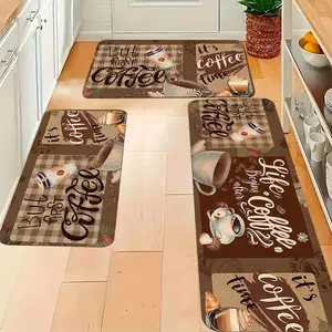 3pcs Farmhouse Kitchen Mat Set - Office First Cup Coffee Pattern, Gift for Family, Non-slip and Flannel Mat, Suitable for Restaurant, Living Room, Bathroom - Comfortable Standing Mat, Easy to Clean