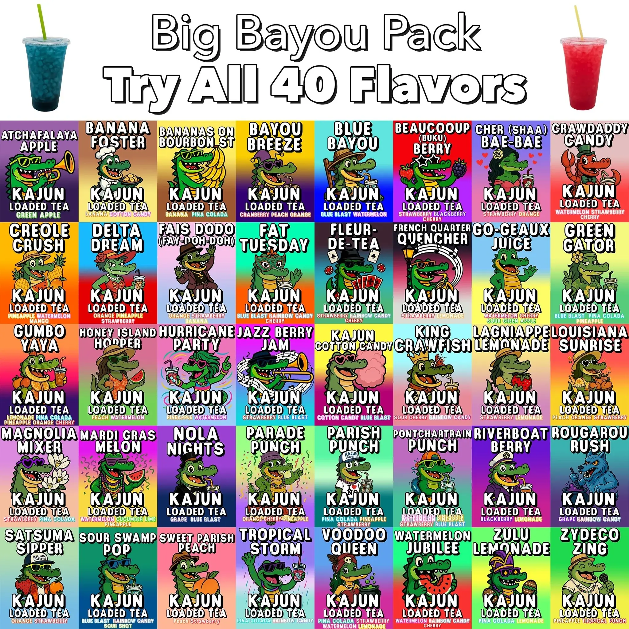 Kajun Loaded Tea Variety 40 Pack Louisiana-Inspired Loaded Tea and Loaded Snow Cone Flavors That'll Make You Say 'Oh My Crawfish!' a TikTok Exclusive Bundle Savings of Tea Bombs Sugar-Free Beverage Rainbow