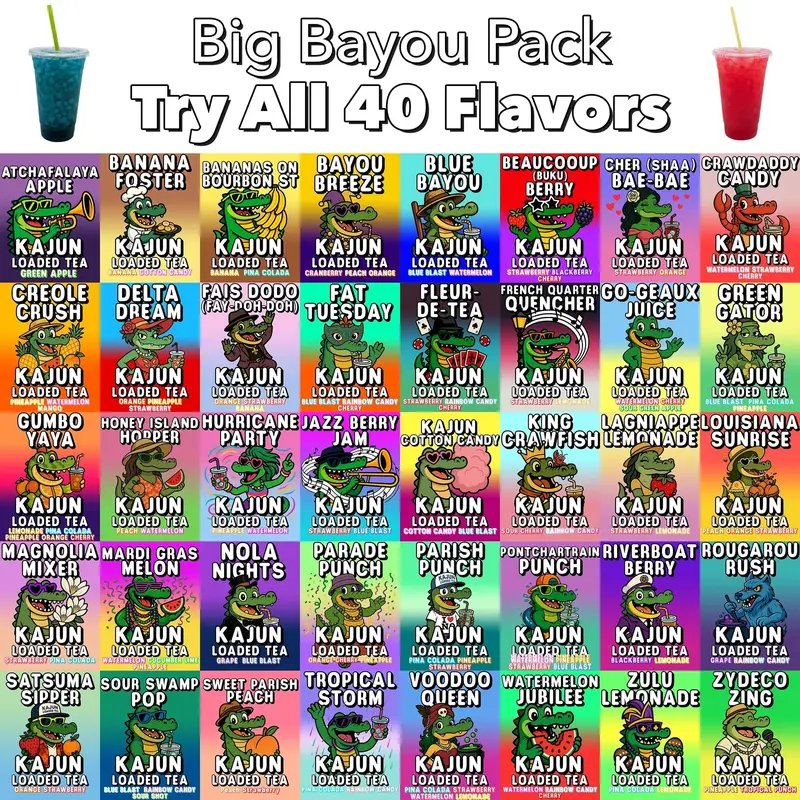 Kajun Loaded Tea Variety 40 Pack Louisiana-Inspired Loaded Tea and Loaded Snow Cone Flavors That'll Make You Say 'Oh My Crawfish!' a TikTok Exclusive Bundle Savings of Tea Bombs Sugar-Free Beverage Rainbow