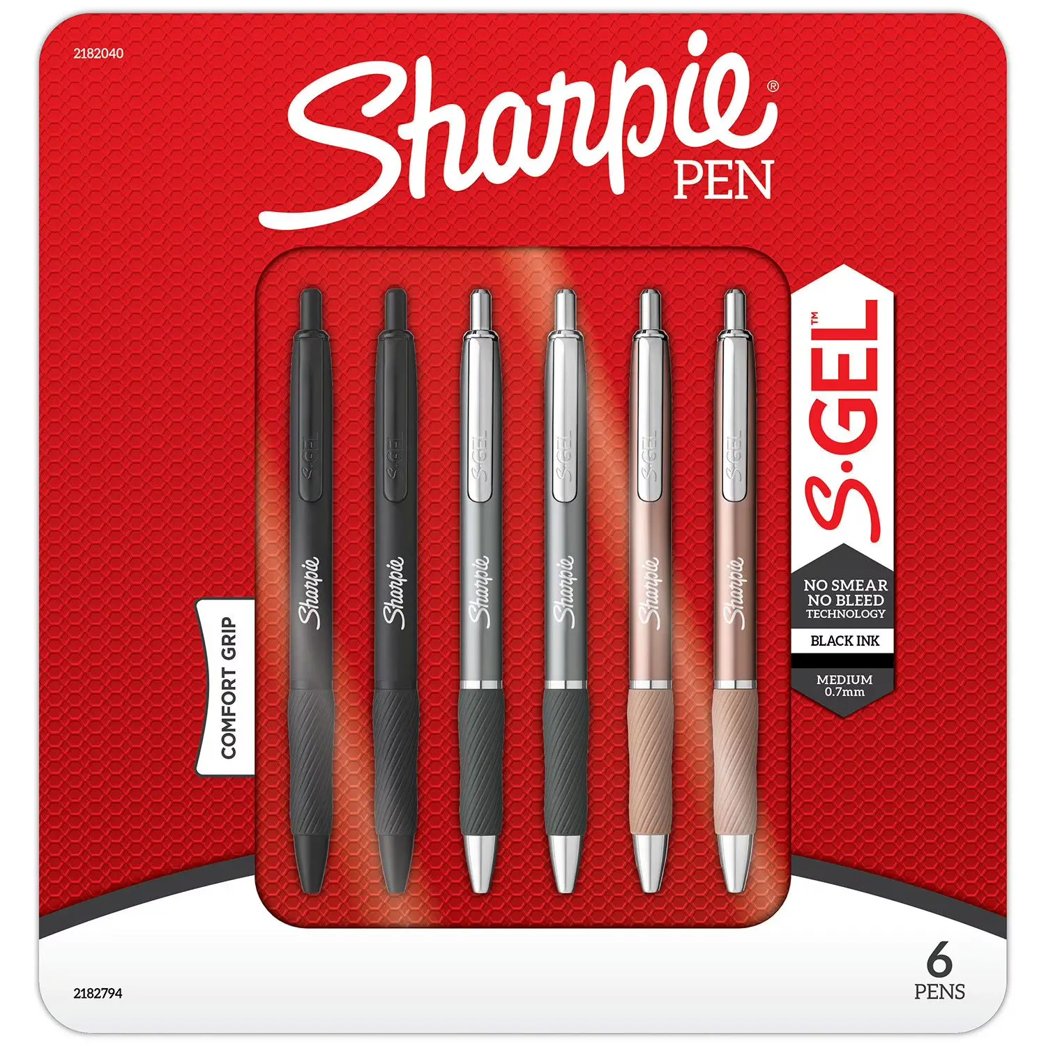 Sharpie Metal Barrel S-Gel Pens 6-Pack Medium Point 0.7mm No-Smear No-Bleed Bold Colors Comfort Grip Pocket Clip