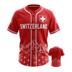 Switzerland Inspired 3D Baseball Jersey, Red White Sports Shirt, Button Up Athletic Baseball Top, Unisex Casual Short Sleeve Apparel