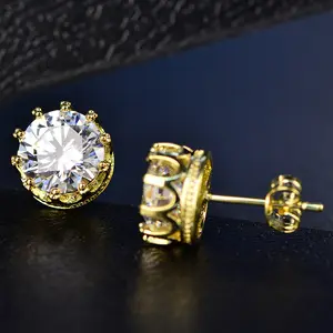 【New Release】Crown Gold-Tone Round Moissanite Stud Earrings 0.3-2CT D Color VVS1 | S925 Silver Four-Prong Design | Ideal Gift for All Ages with Jewelry Box