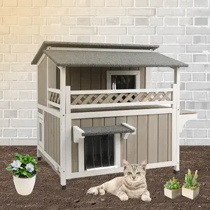 Petscosset Feral Cat Shelter Outdoor Weatherproof - Two Story Wooden Cat House Outside Feral Cat House with Balcony Waterproof, Escape Door