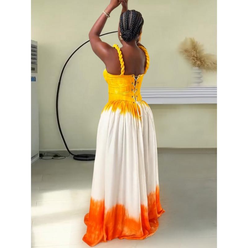 Women's Y2K Blue & White Tie-Dye Halter Neck Maxi Dress - A-Line Floor-Length Beach Dress with Back Tie Closure, Semi-Sheer Sleeveless Design for Vacation, Travel, Daily Outfits - All-Season Casual to Formal Events (Machine Washable) - Turq