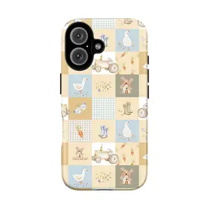 Cottagecore Farm Life Patchwork Phone Case, Aesthetic Vintage Duck & Tractor Phone Case for IP 17 16 15 14 13 12 11 Pro Max XS, Vintage Grandmillennial Farmhouse Tough Case, Cute Duck & Gingham Patchwork Gift for Women & Men Phone Cover