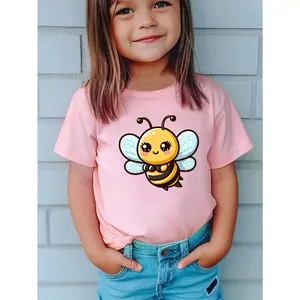 Girls' Summer Short Sleeve T-Shirt - Cute Cartoon Bee Print Black Top | Soft Stretch Knit Fabric | Round Neck Casual Playwear for Youngsters, Playful Outdoor Attire
