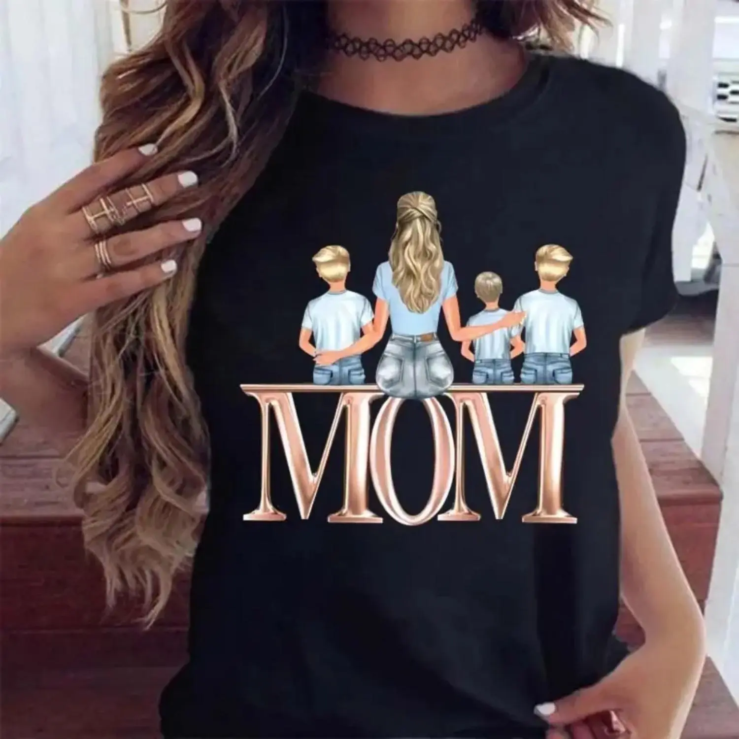 Maycaur Women's Short-Sleeve T-Shirt, Cartoon Mom with Sons Print Casual Weekly Top, Ideal for Mother's Day Gift, Shortsleeve, Tshirt