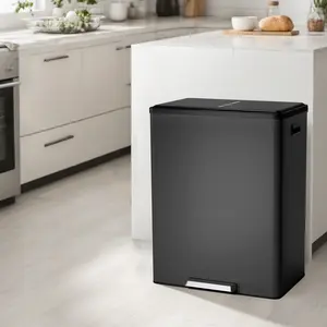 16 Gallon 60L Stainless Steel Dual Trash Bin, Large Double Compartment Waste Container with Hands-Free Step Pedal, Covered Lid and 2 Removable Inner Buckets for Kitchen Bathroom
