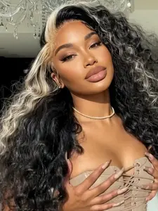 Skunk Stripe Wig Kinky Curly Synthetic Lace Front Wig Black and White Lace Wig 13x3 HD Lace Frontal Wig Glueless Synthetic Wig Deep Wave Lace Frontal Wig for Women Pre Plucked with Baby Hair Daily Wear Holiday Party Use