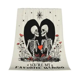 PAUSEBOLL Romantic Skeleton & Heart Flannel Blanket - Soft Warm Polyester Fabric with Gothic Skeleton Couple Design, You're My Favorite Weirdo Text - Wedding, Anniversary, Christmas Gift For Couples